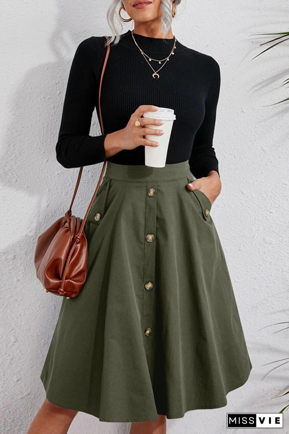 Army Green Button Down Pocket Flowy Skirt