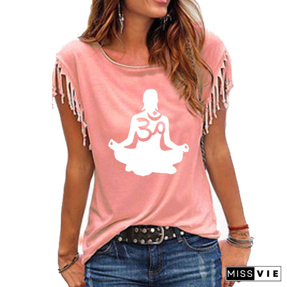 Womens ShortSleeve Om Aum SilhouettePrint T-shirt Summer FashionClothingTShirtWomen's Cotton Tassel Casual T-shirt