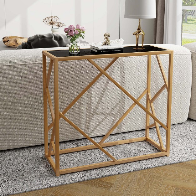 Tempered Glass Top Console Table With Foot Pads Golden Heavy duty Metal Frame