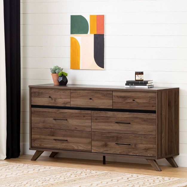 Flam 7 Drawer Double Dresser Natural Walnut matte Black South Shore