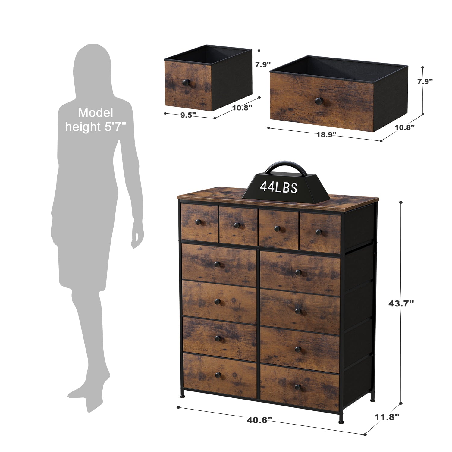 EnHomee Dresser for Bedroom Chest of Drawer Fabric Drawer Dresser Tall Dresser Big Storage Dresser Tower with 12 Fabric Bins Wood Top & Metal Frame for Closet Entryway Living Room Office Rustic Brown