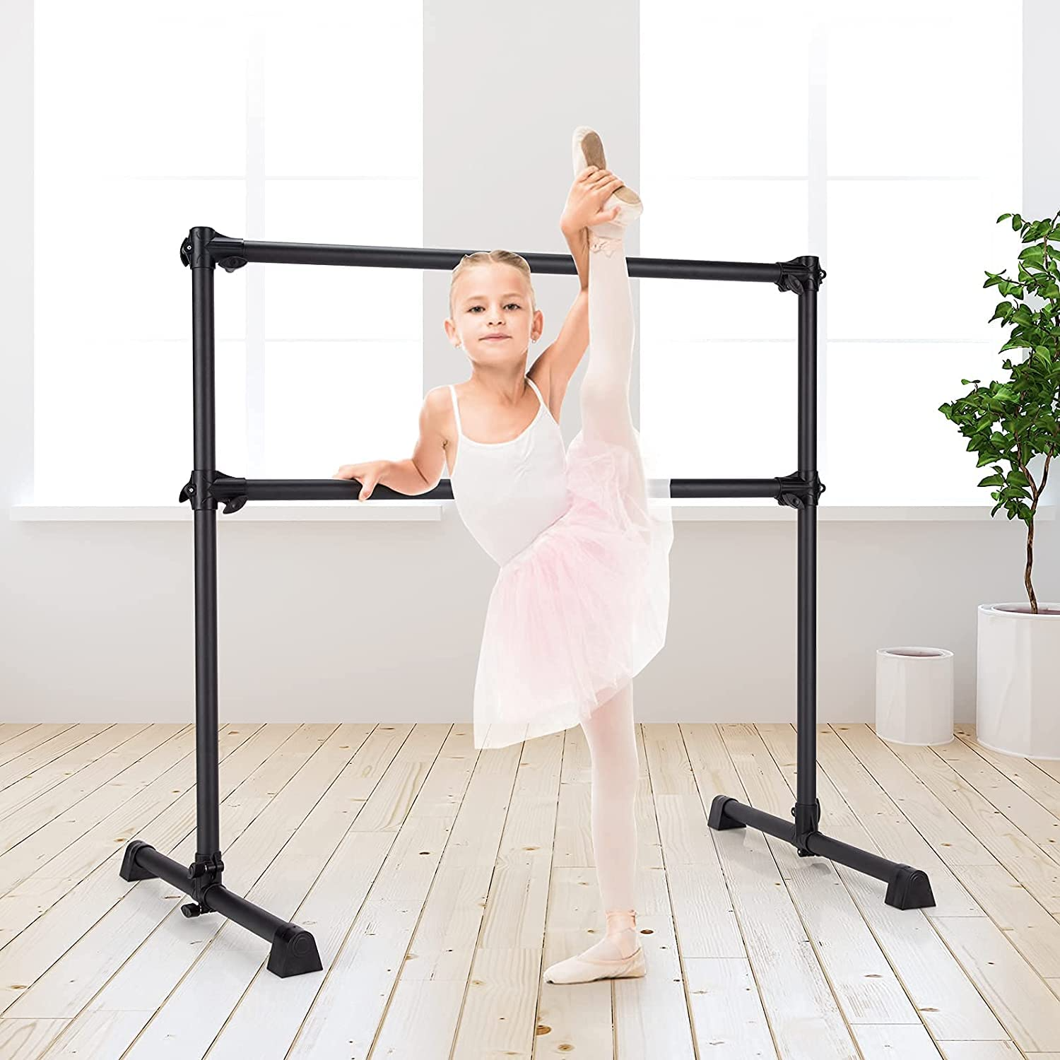 Costzon Portable Ballet Barre, 4FT Adjustable Double Freestanding Ballet Bar w/Anti-Skid Pad, Stable Base