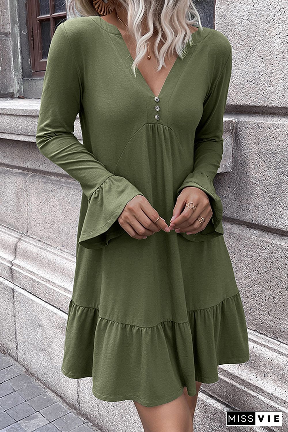 Long Sleeve V Neck Plain Ruffle Dress