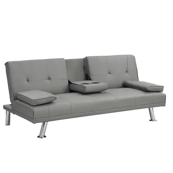 Wood Frame Futon sofa bed with Armrest， two holders