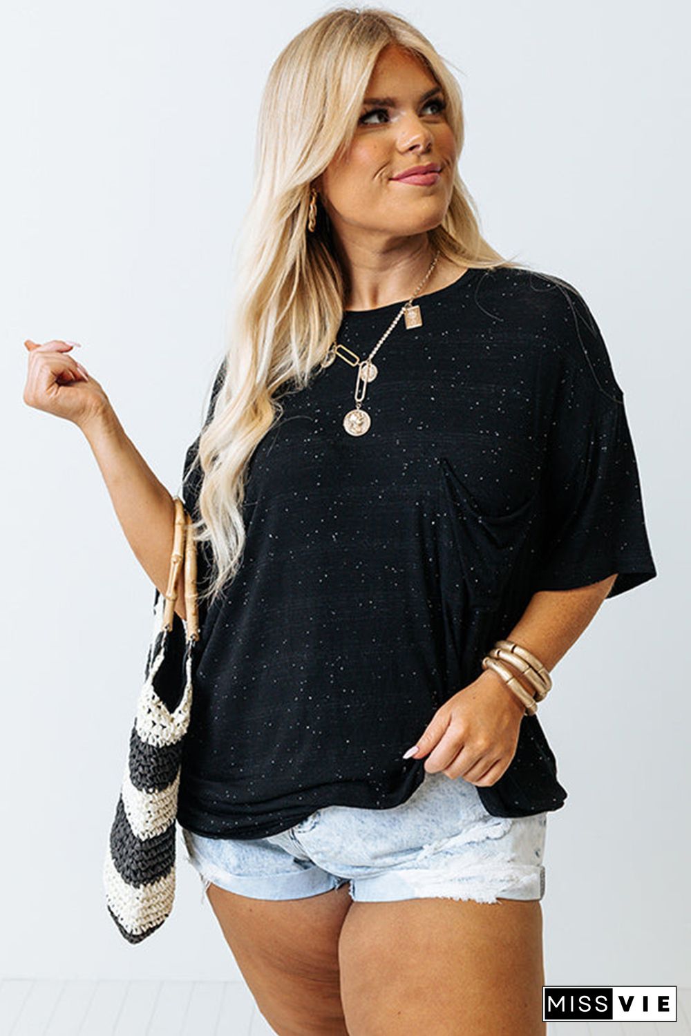 Black Splatter Allover Plus Size Pocketed T-shirt