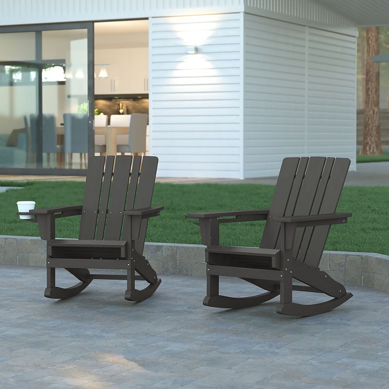 Emma and Oliver Haley Set of 2 Adirondack Rocking Chairs with Cup Holders， Weather Resistant HDPE Adirondack Rocking Chairs