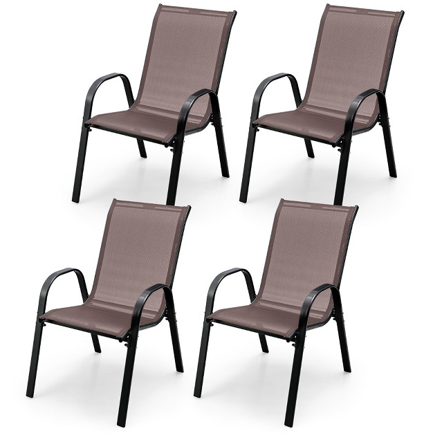 Tangkula 4pcs Patio Stacking Dining Chairs W Curved Armrests amp Breathable Seat Fabric Brown