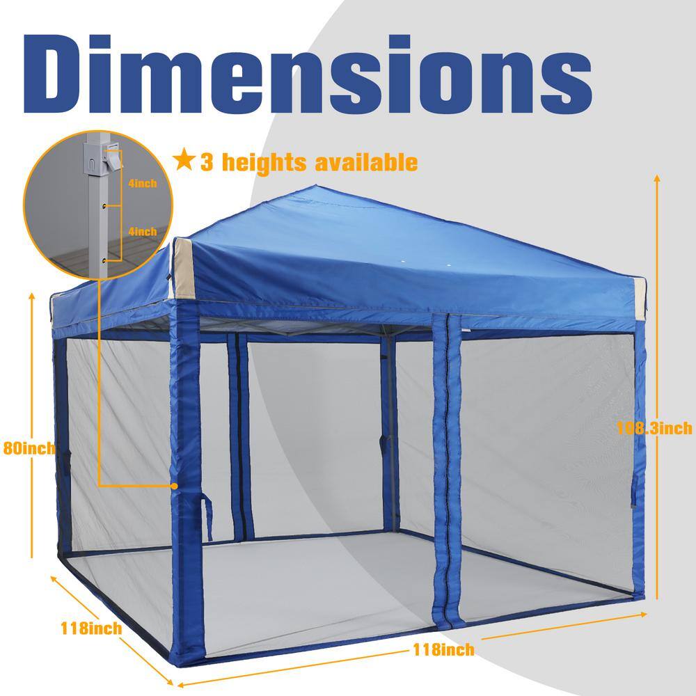 Aoodor 10 ft. x 10 ft. Pop Up Canopy Tent with Removable Mesh Sidewallwith Roller Bag-Blue 800-152-BL-N