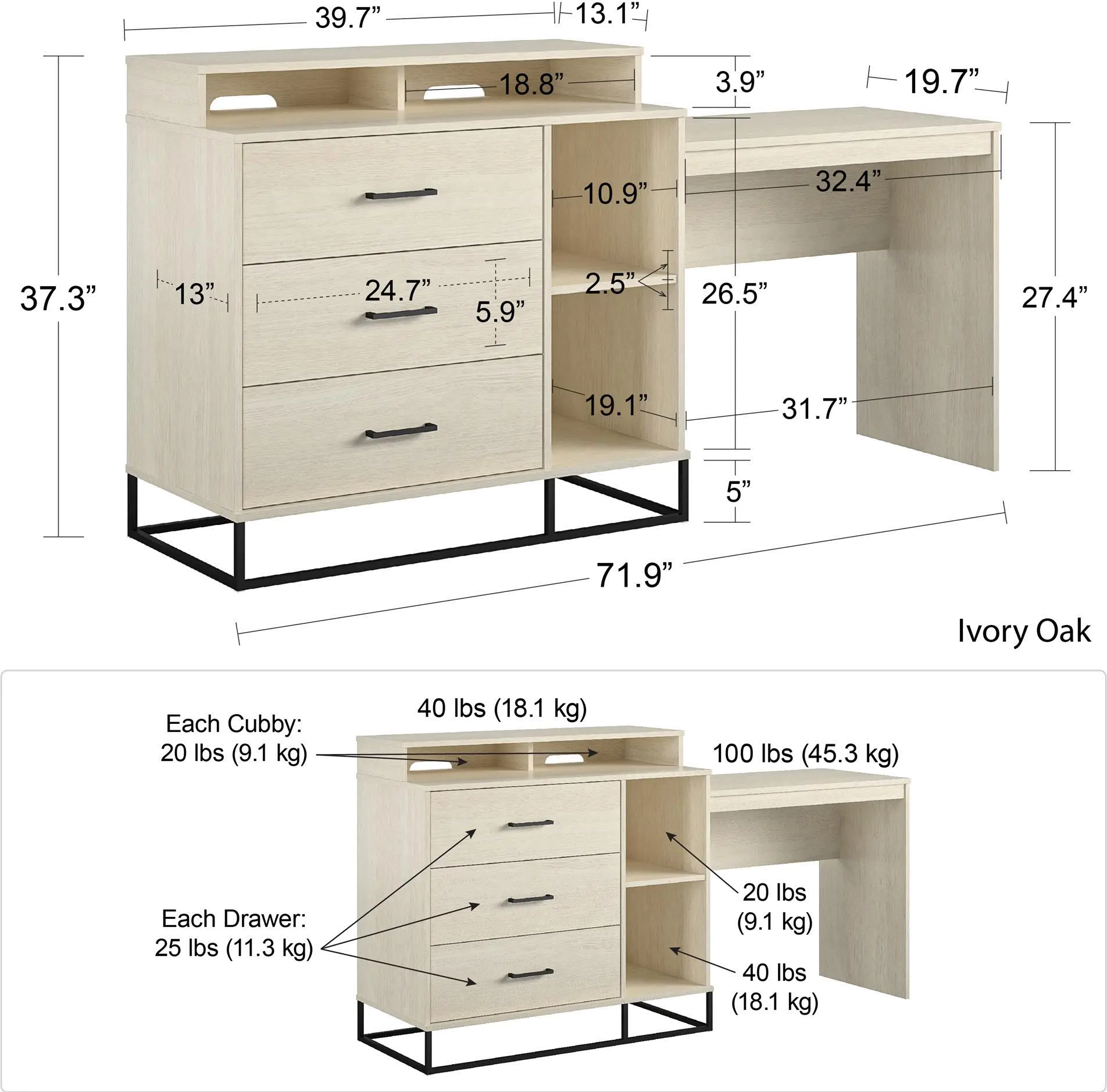 Kelly Transitional Ivory Oak 3 in 1 Dresser