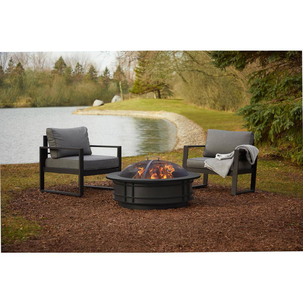 Real Flame Leonard 41 in. W x 13 in. H Round Outdoor Powder Coated Steel Wood Burning Fire Pit in Gray with Protective Cover 980-GRY