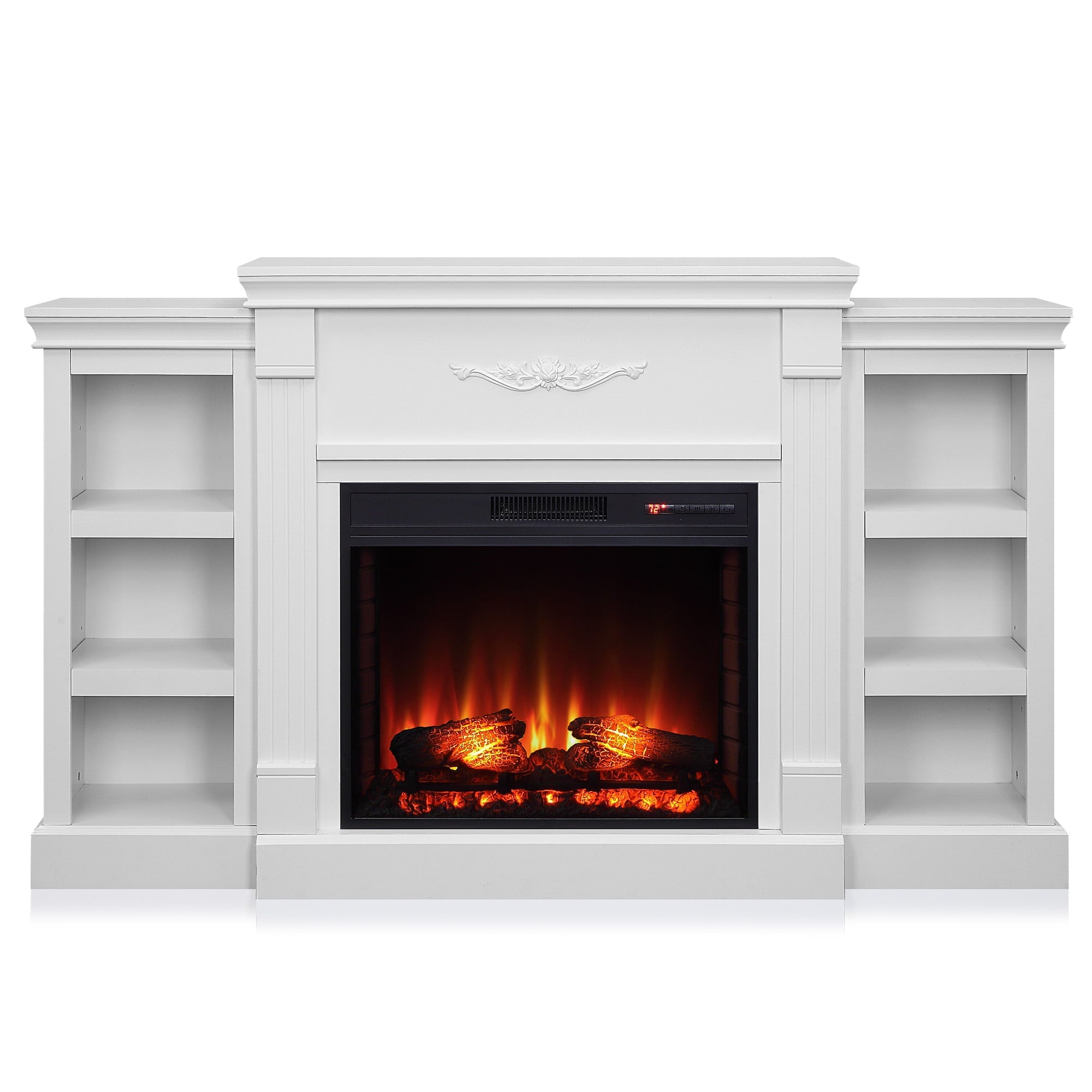 BELLEZE 70" Bookshelf Mantel w/ Electric Fireplace, White