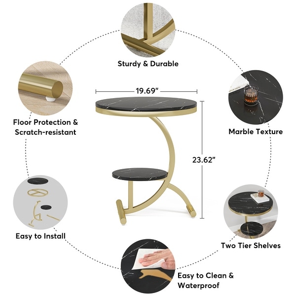 Round Coffee Table with Storage Shelf for Home and Living Room，Marble Look Side and Corner Table，Sofa End Table，Night Stand