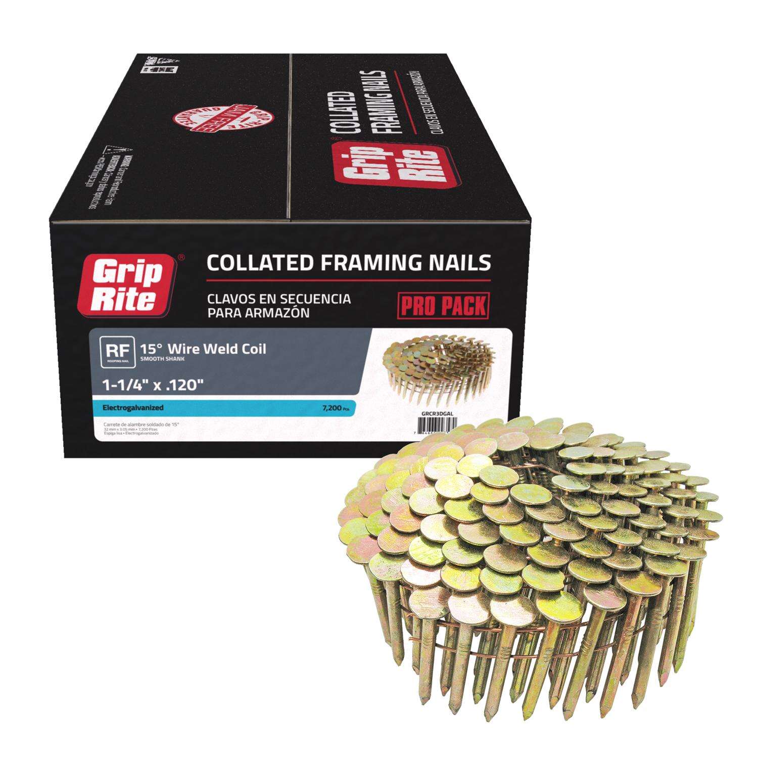 Grip-Rite 1-1/4 in. 11 Ga. Angled Coil Electro Galvanized Roofing Nails 15 deg 7200 pk