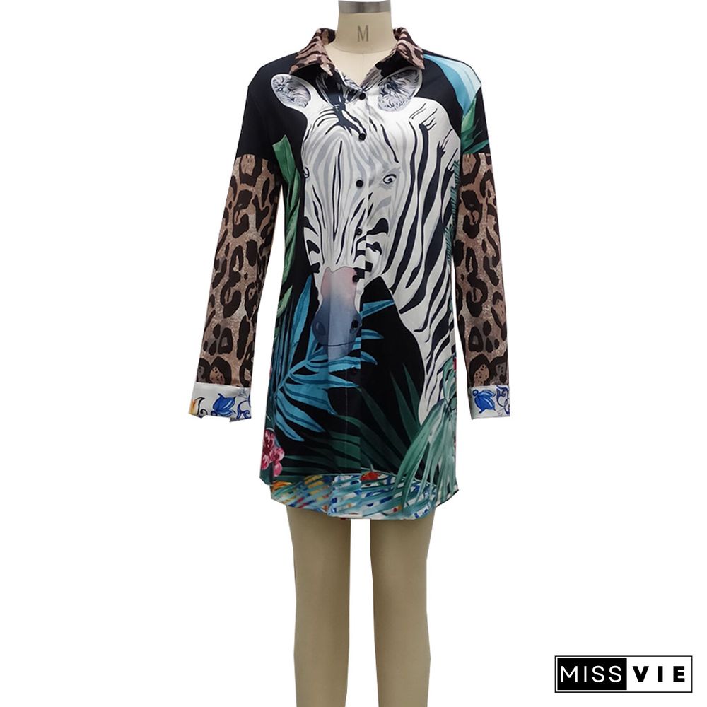 Women Chic Fashion Animal Print Vintage Long Sleeve Button-Up Shirt Loose Fit Mini Dress