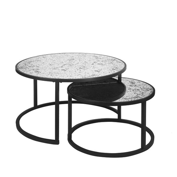 Round Coffee Table Set of 2 Set of 2 Nesting Tables， Metal Frame and Glass Top End Tables for Living Room Bedroom