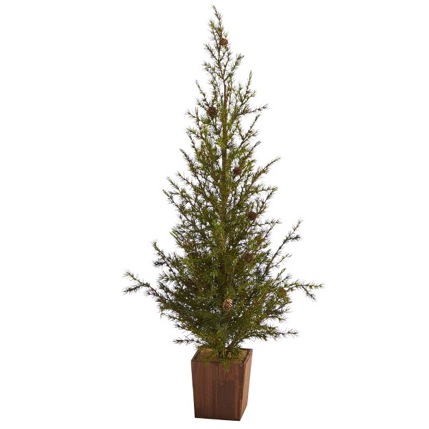 4ft Nearly Natural Unlit Alpine With Pinecones Artificial Christmas Tree In Wood Planter