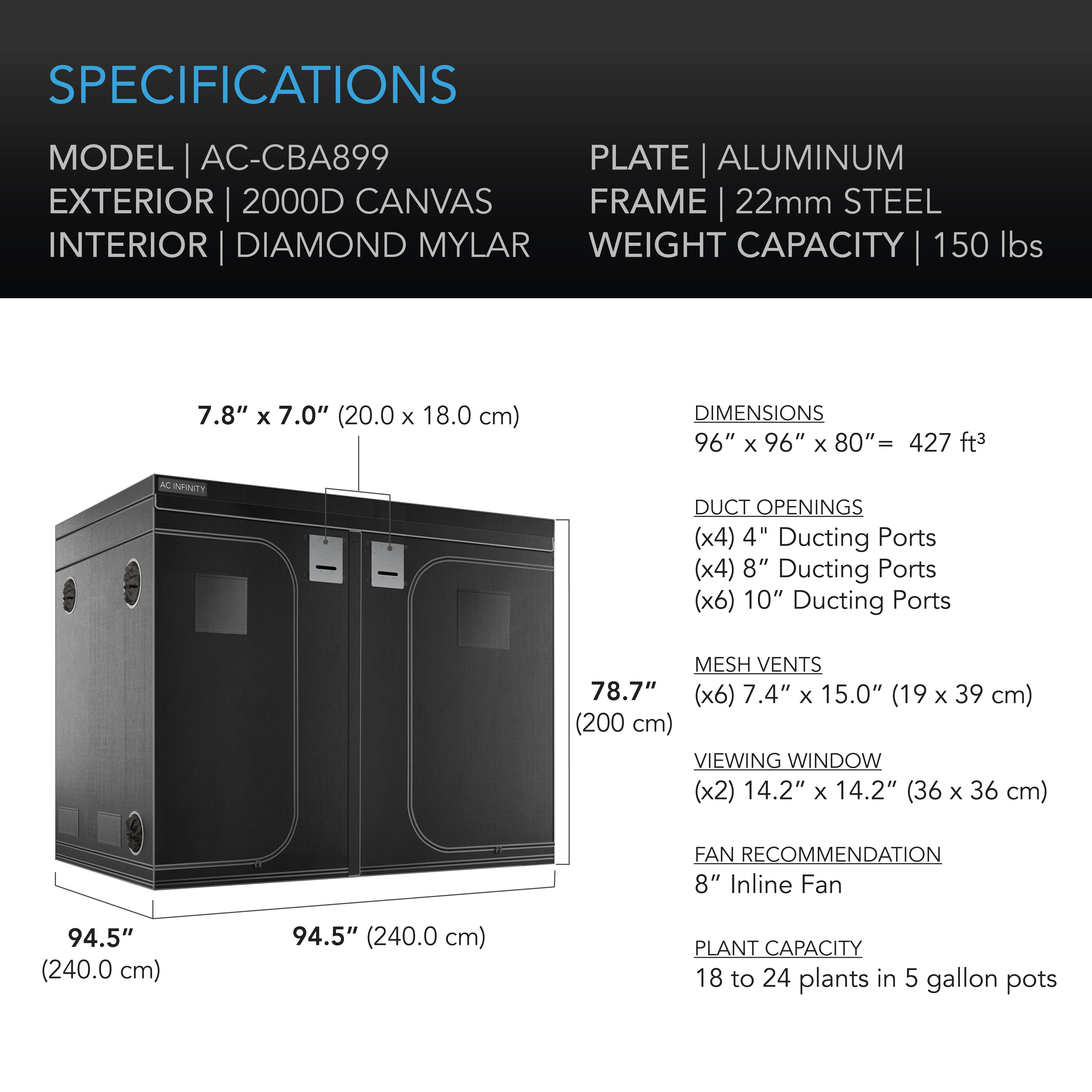 AC Infinity CLOUDLAB 899 Advance Grow Tent， 8x8 with Thicker 1 in. Poles， Higher Density 2000D Diamond Mylar Canvas， Controller Mount for Hydroponics Indoor Growing， 96” x 96” x 80”