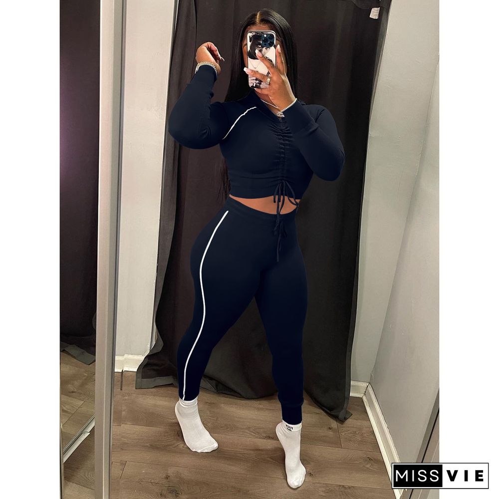 Hooded Neck Drawstring Crop Tops Joggers Pants Sets