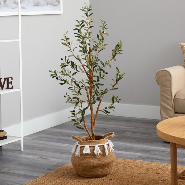 3.5' Artificial Olive Tree with Handmade Jute and Cotton Basket with Tassels