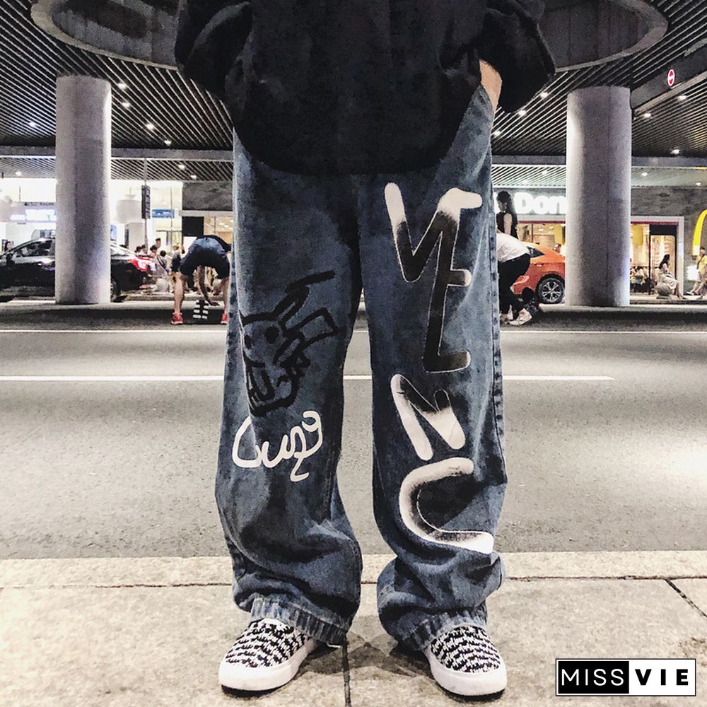 Street Hand Drawn Graffiti Alphabet Print Jeans