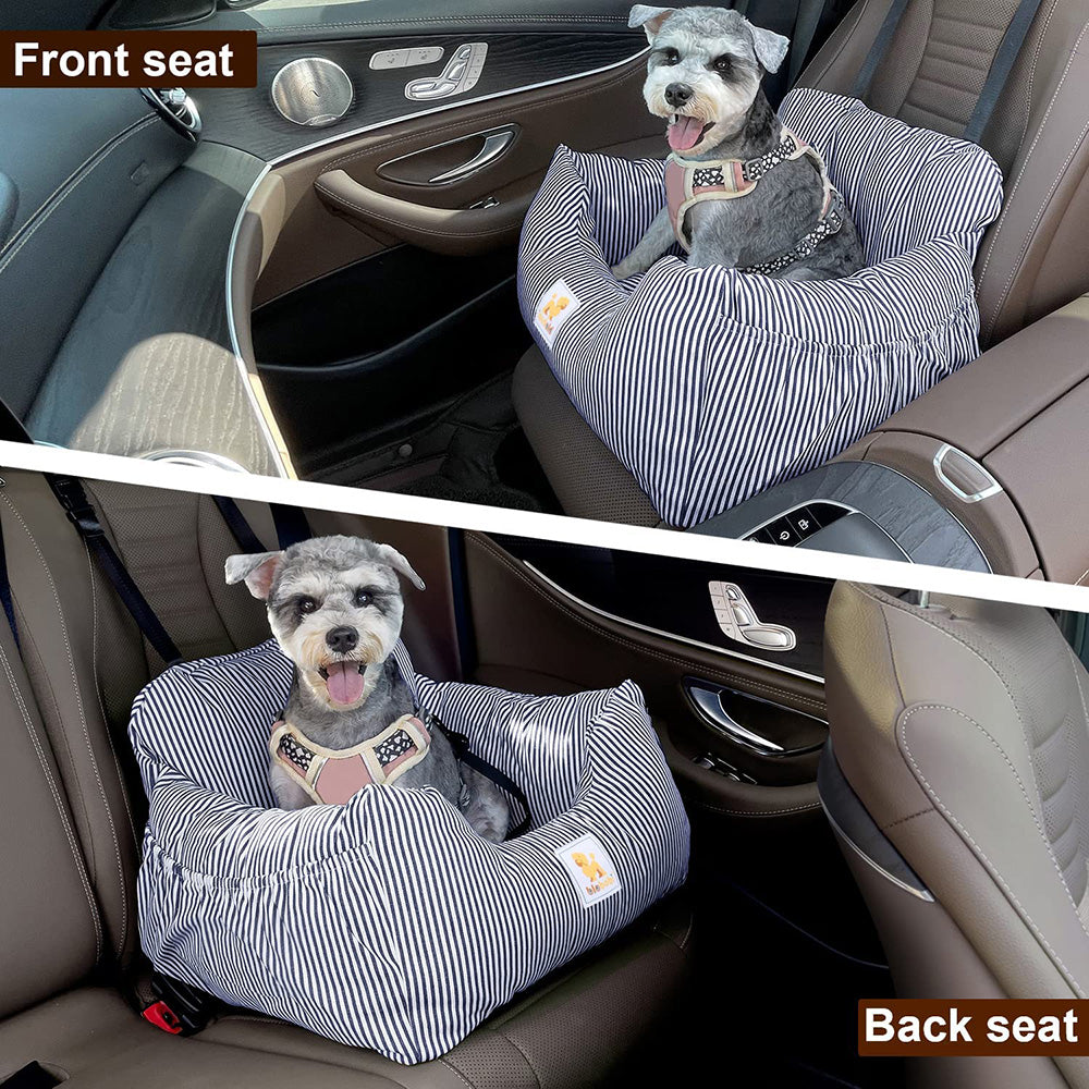 Car seat for medium dogs or cats， dog booster seat with storage pocket and clip-on safety leash， removable and washable cover， dual purpose dog bed for car and home.