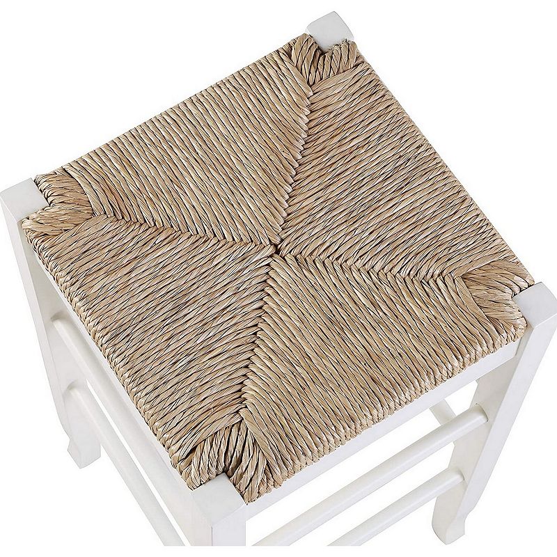 Square Wooden Frame Barstool with Hand Woven Rush， White and Brown