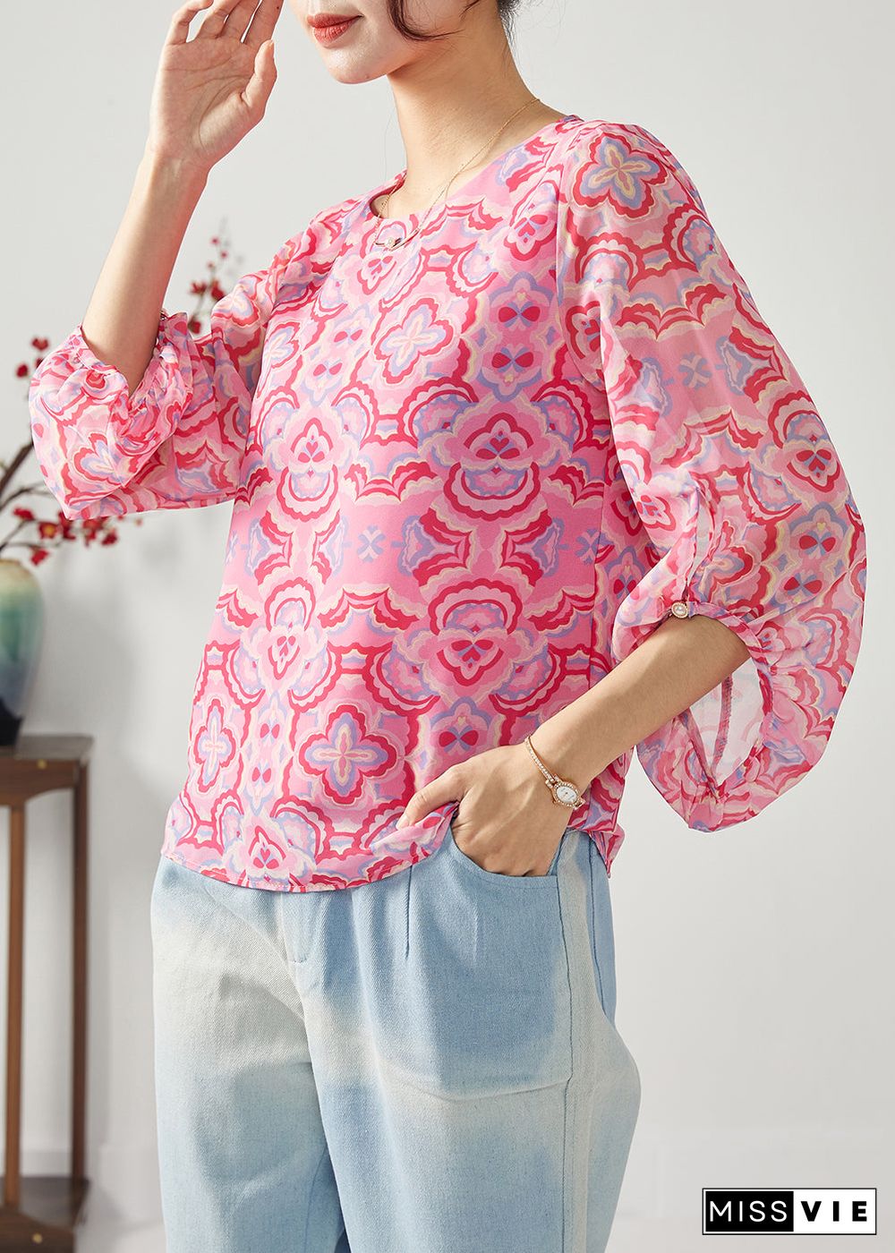 Fashion Rose Oversized Print Chiffon Shirt Top Bracelet Sleeve