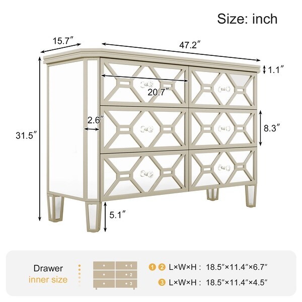 Elegant Mirrored 6-Drawer Dresser with Golden Lines Storage Cabinet - - 37857287