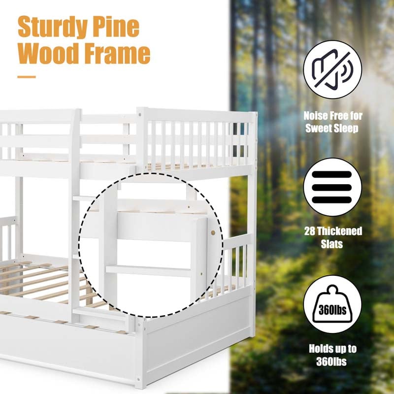 Solid Wood Full Over Full Bunk Bed Frame with Trundle, Safety Ladder & Guardrails, Convertible Bunk Bed for Kids Teens