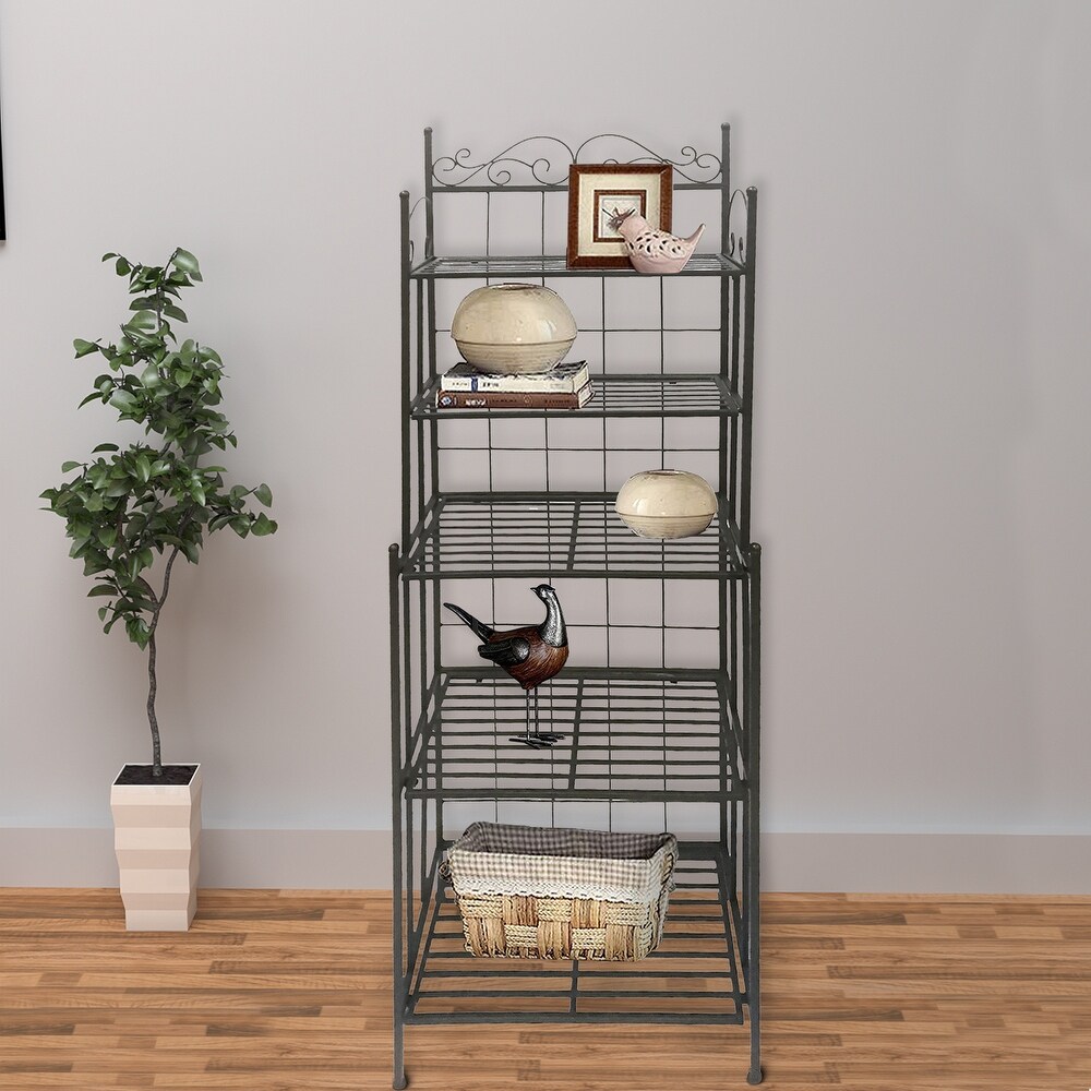 5 Tier Storage Shelves Metal Bakers Rack with Scrollwork Top Standing Kitchen Rack Organizer for Spice Jars Pots and Pans