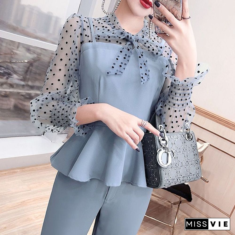 Office Fashion Two Piece Pants Sets Outfits Women Bow Dot Print Patchwork Tunics Tops + Pants Suits Korean Workwear Sets