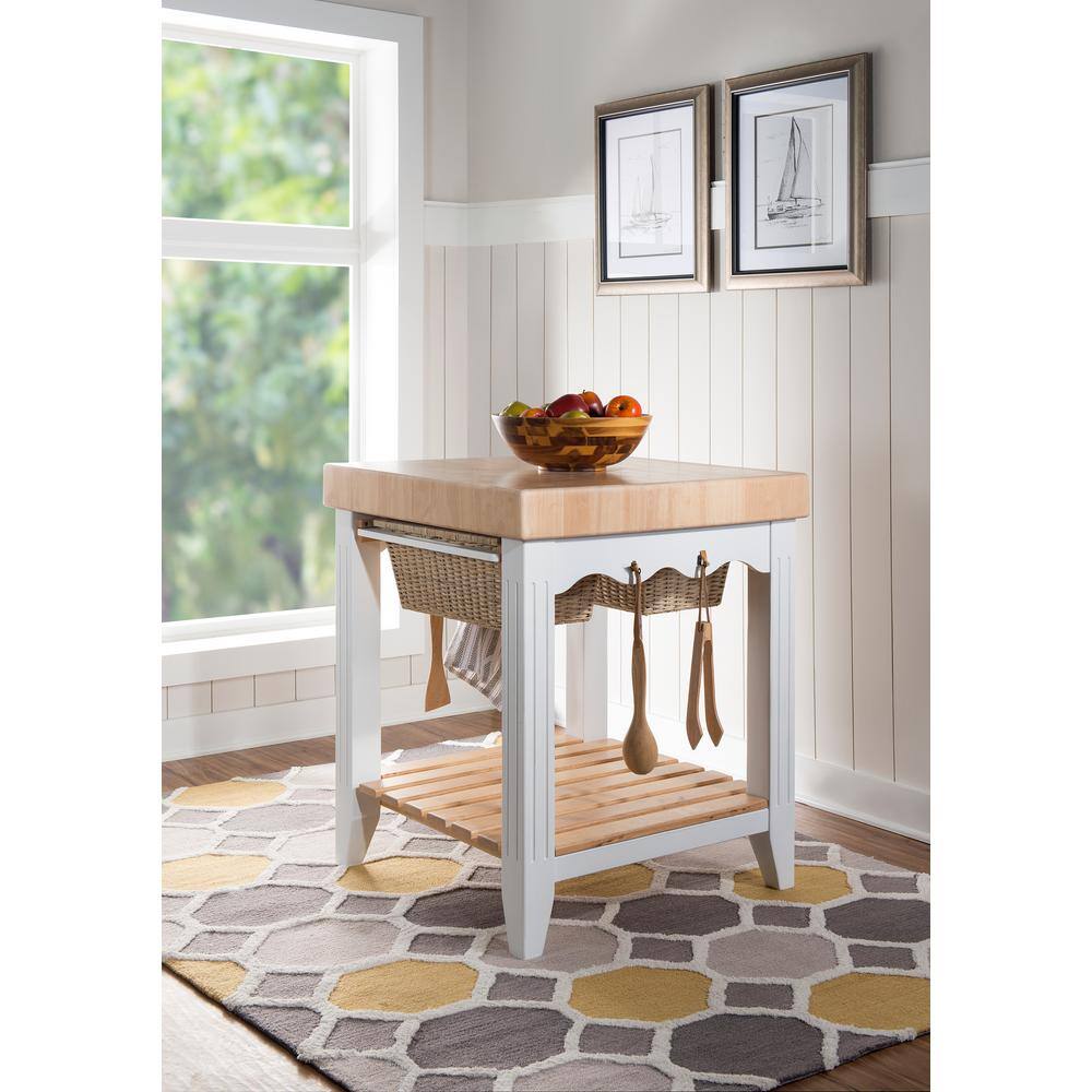 Powell Company Kolton White Kitchen Island with Butcher Block Style Top and Storage HD1225D19