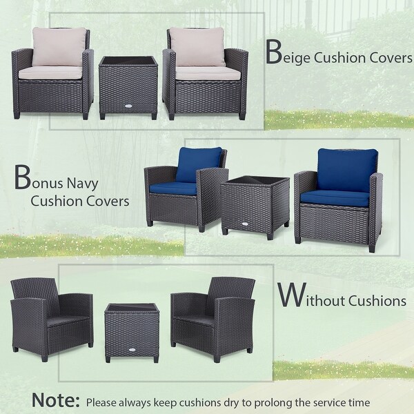 Costway 3PCS Patio Wicker Furniture Set with Beige and Navy Cushion