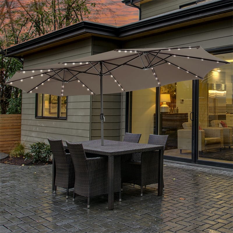 15 FT Large Outdoor Patio Table Umbrella with 48 Solar LED Lights & Crank, Double-Sided Metal Deck Pool Umbrella