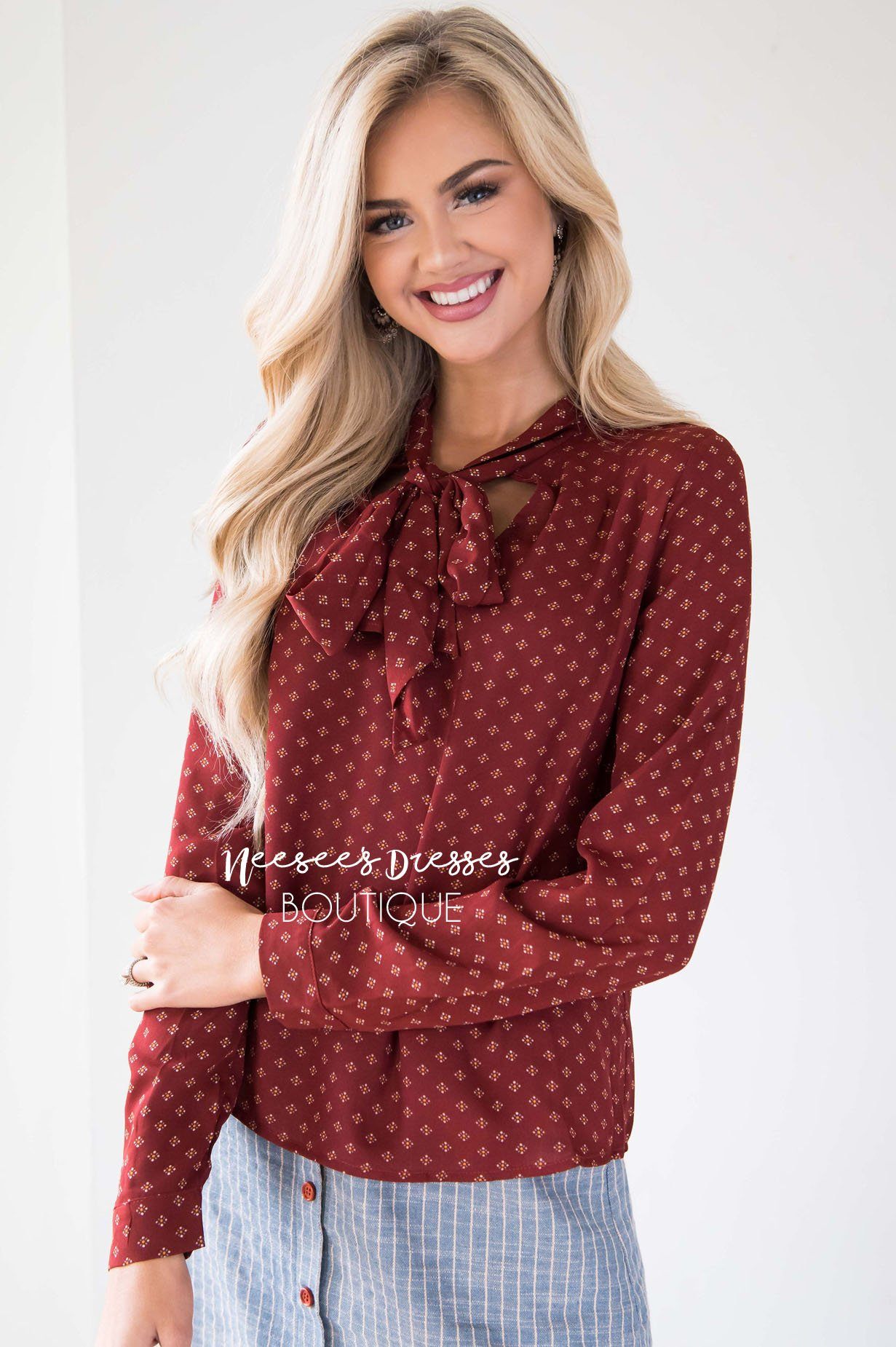 Rust Diamond Printed Neck Tie Blouse