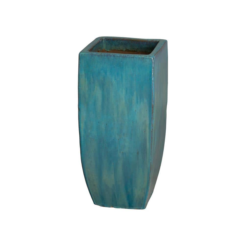 Emissary Tall 13 in. L x 29.5 in. H Teal Ceramic Square Planter with Drainage Hole 12135TL-2