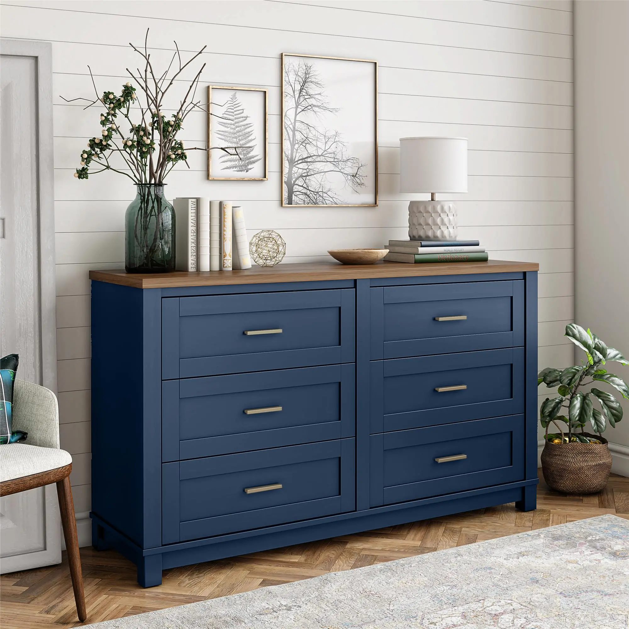 Armada Navy 6 Drawer Wide Dresser with Walnut top