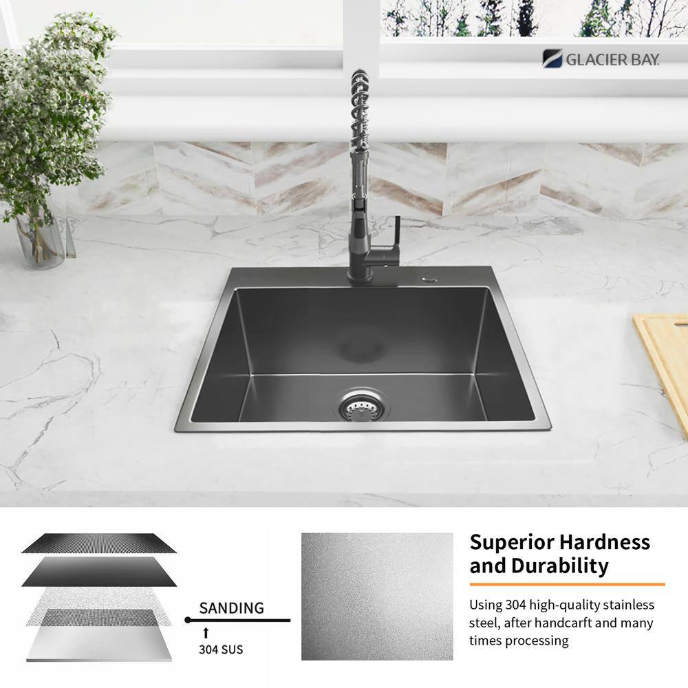 Glacier Bay Gunmetal Black Stainless Steel 25 in. 18 Gauge Single Bowl Dual Mount Kitchen Sink with Black Spring Neck Faucet ACS2522A1T-F