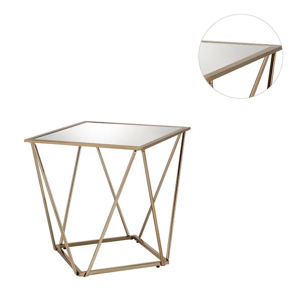 Square Mirrored End Table with Metal Base in Champagne Gold Finish