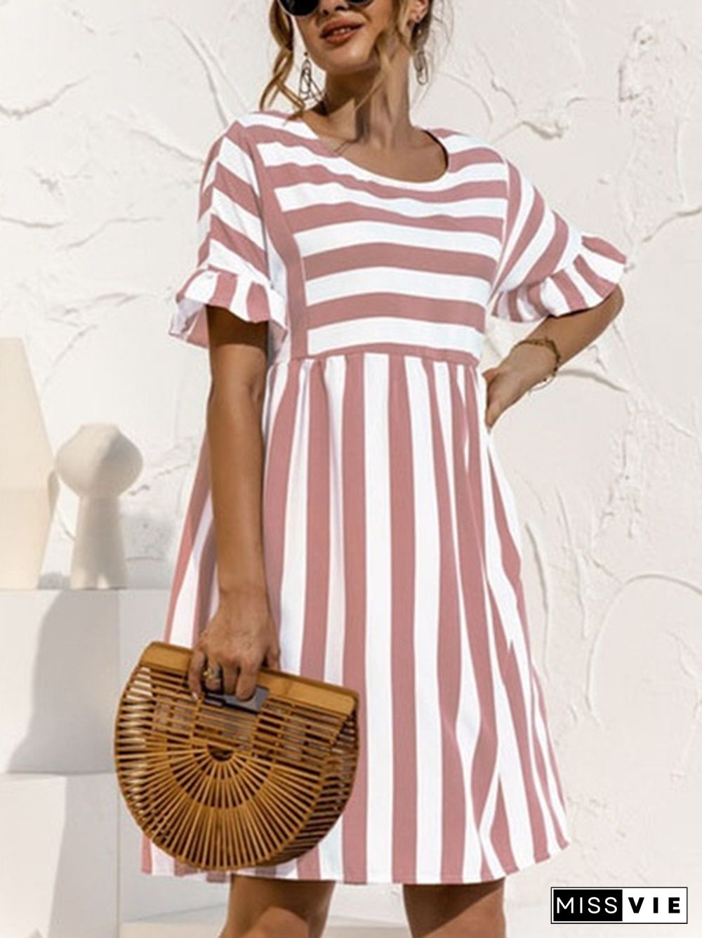 Summer Women's Fashion Flouncing Short Sleeved Casual Loose Dresses Round Neck Pocket Stripe Patchwork Beach Dresses