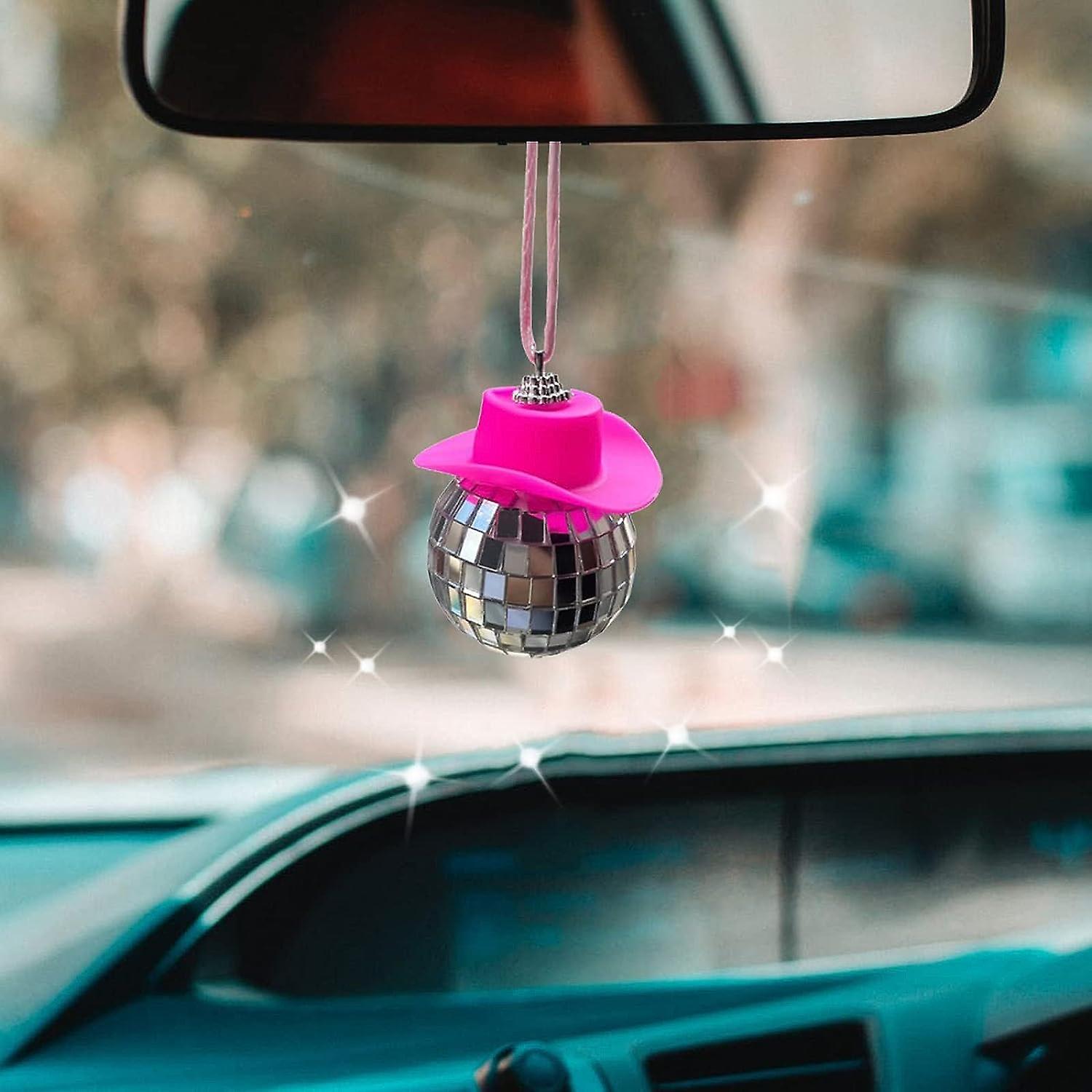 2 Pcs Pink Disco Ball Cowboy Hat Car Accessory， Disco Ball Car Accessory， Car Disco Ball， Disco Car Charm， Pink Car Accessories， Mini Disco Ball For C