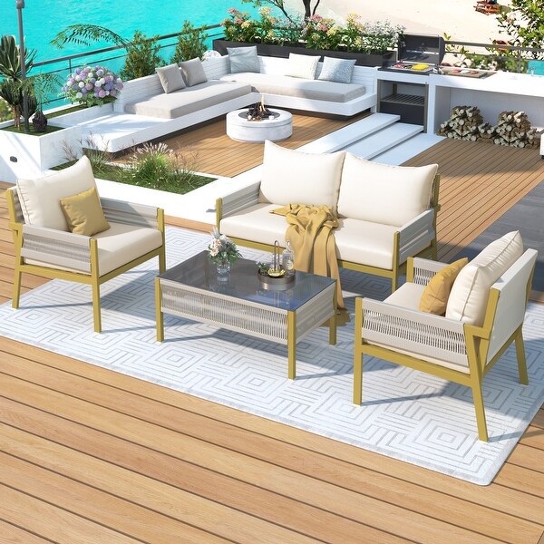 4Pieces Rope Outdoor Furniture Set with Glass Table