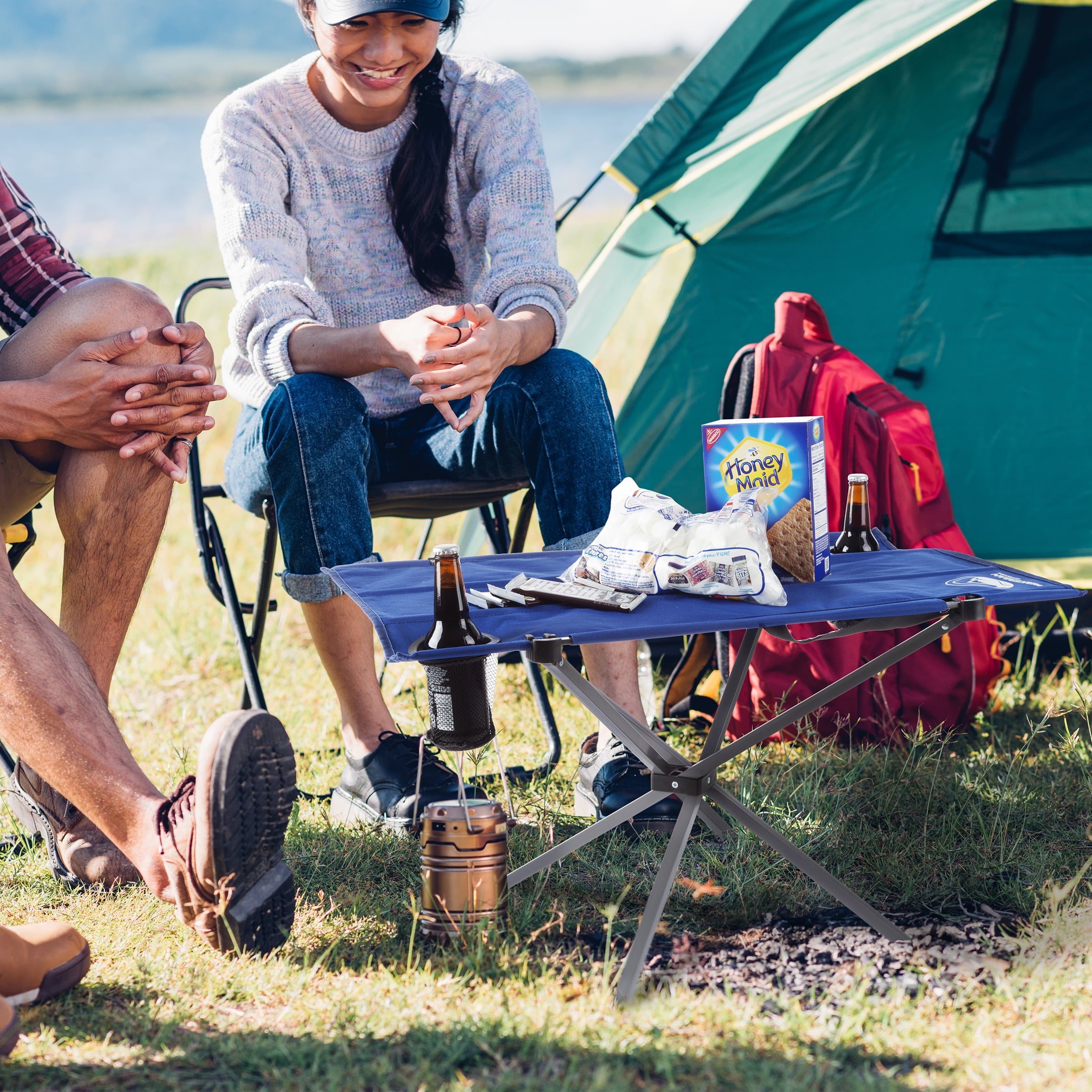 Camp Table-Outdoor Folding Table with 2 Cupholders and Carrying Bag-For Camping， Hiking， Beach， Picnic， or Sporting Events by Wakeman Outdoors (Blue)