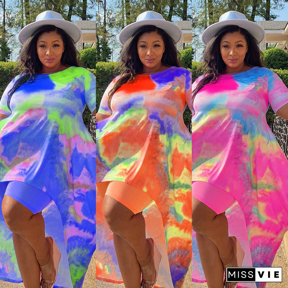 Plus Size Fashion Tie Dye Print Women Clothing Short Sleeve Irregular Loose Long Top Biker Shorts 2 Piece Set