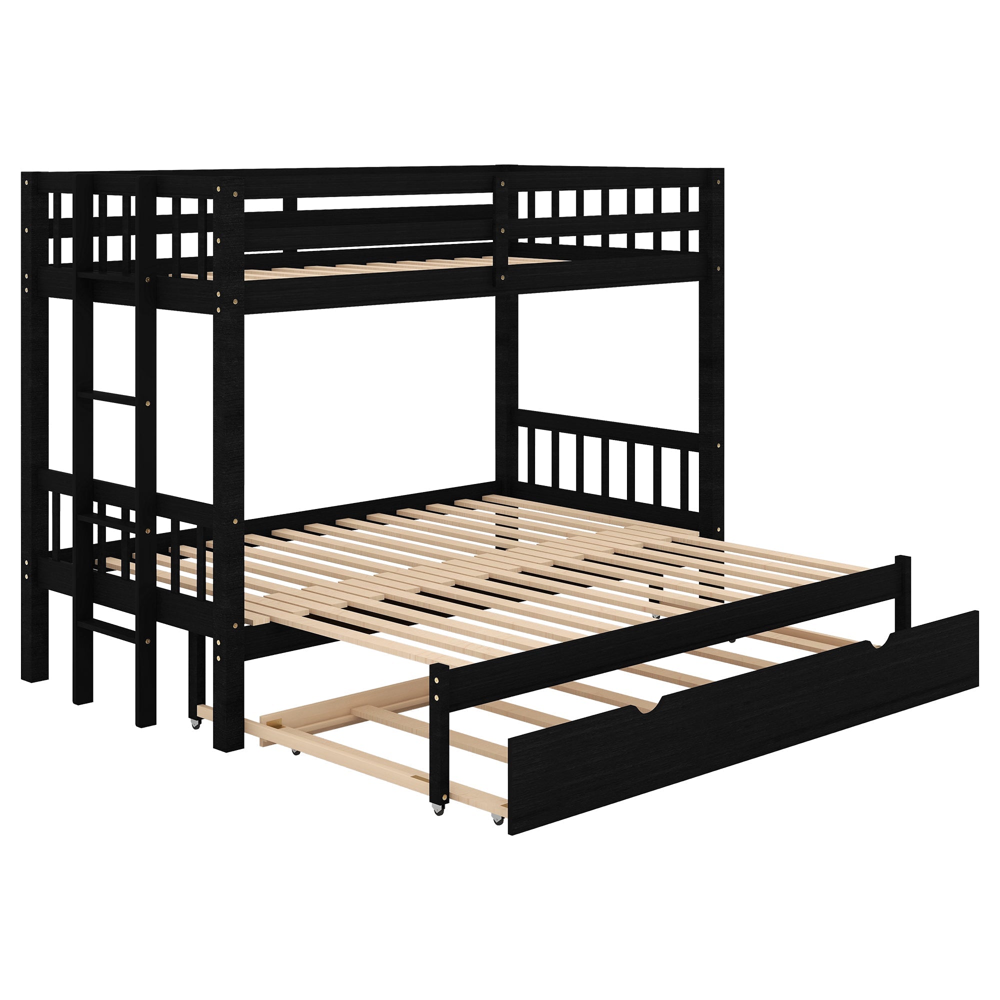 Euroco Wood Twin Over Twin Bunk Bed with Trundle for Kids Room, Espresso