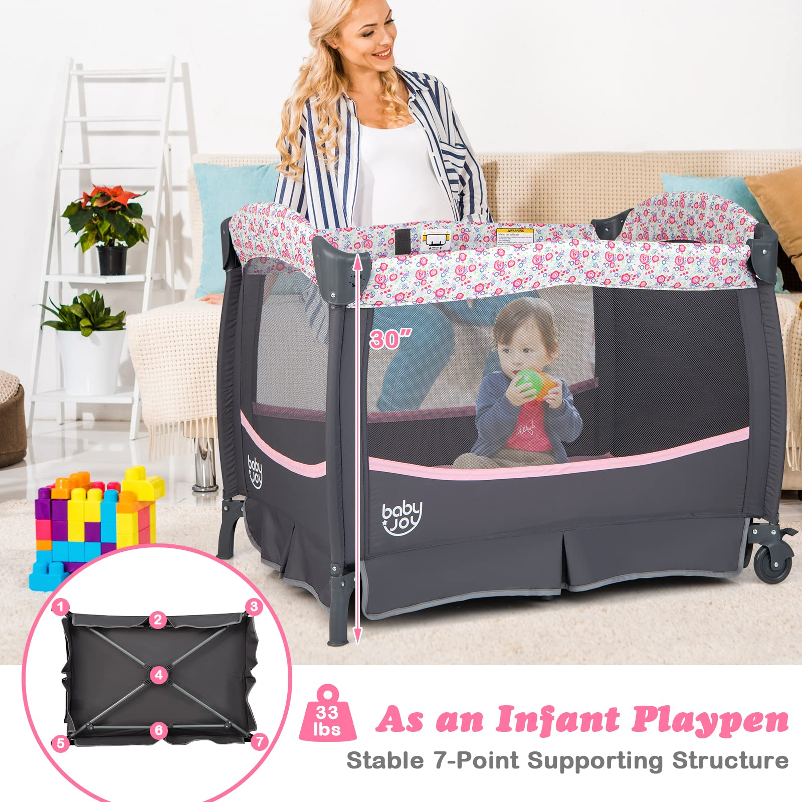 Costzon 4 in 1 Pack and Play, Portable Baby Playard with Bassinet & Flip-Away Changing Table