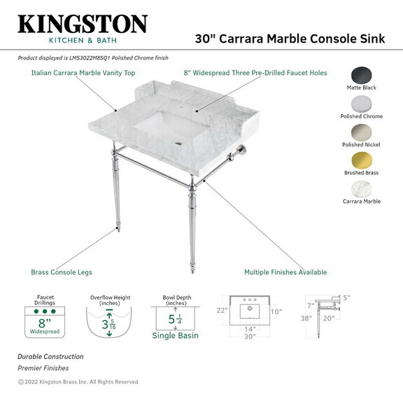 Kingston Brass Habsburg 30 Inch Carrara Marble Con...