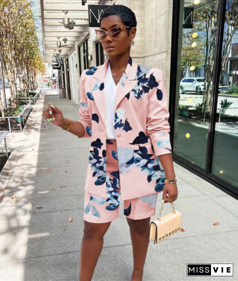 Floral Print Long Sleeve Blazer Two Piece Shorts Suit