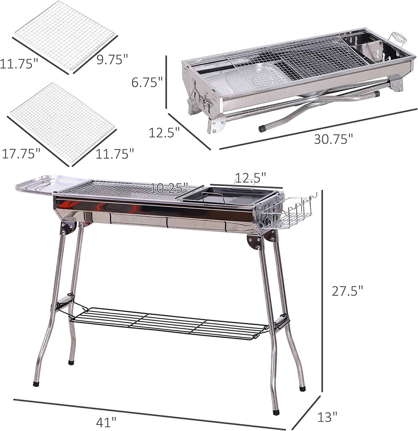 Outsunny ‎846-028 Portable Folding Charcoal BBQ Grill Stainless Steel Camp Picnic Cooker with Grill Pan Storage Shelf Hooks