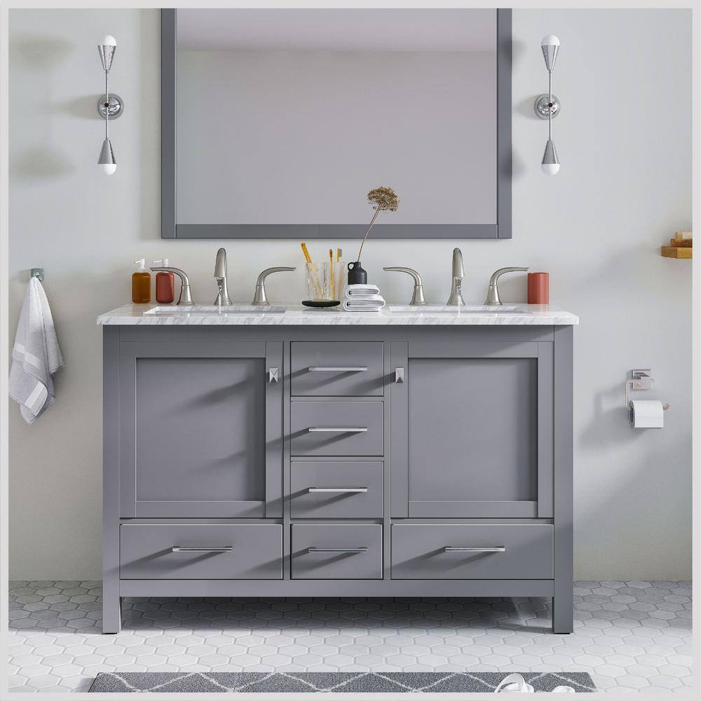 Eviva Aberdeen 48 in. W x 22 in. D x 34 in. H Double Bath Vanity in Gray with White Carrara Marble Top with White Sinks EVVN412-48GR-DS